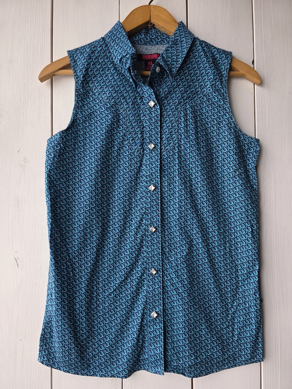Rock & Roll Denim Sleeveless Western Cowgirl Horseshoe Button Up Shirt Womens XL